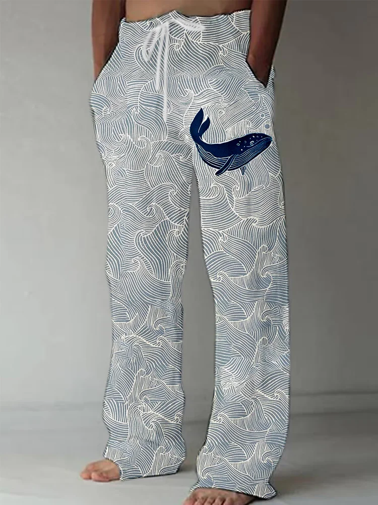 Pantalones de fregona rectos sueltos de verano transfronterizos, pantalones de playa con cordón en la cintura elástica, pantalones con estampado 3D de patrón hawaiano para hombre