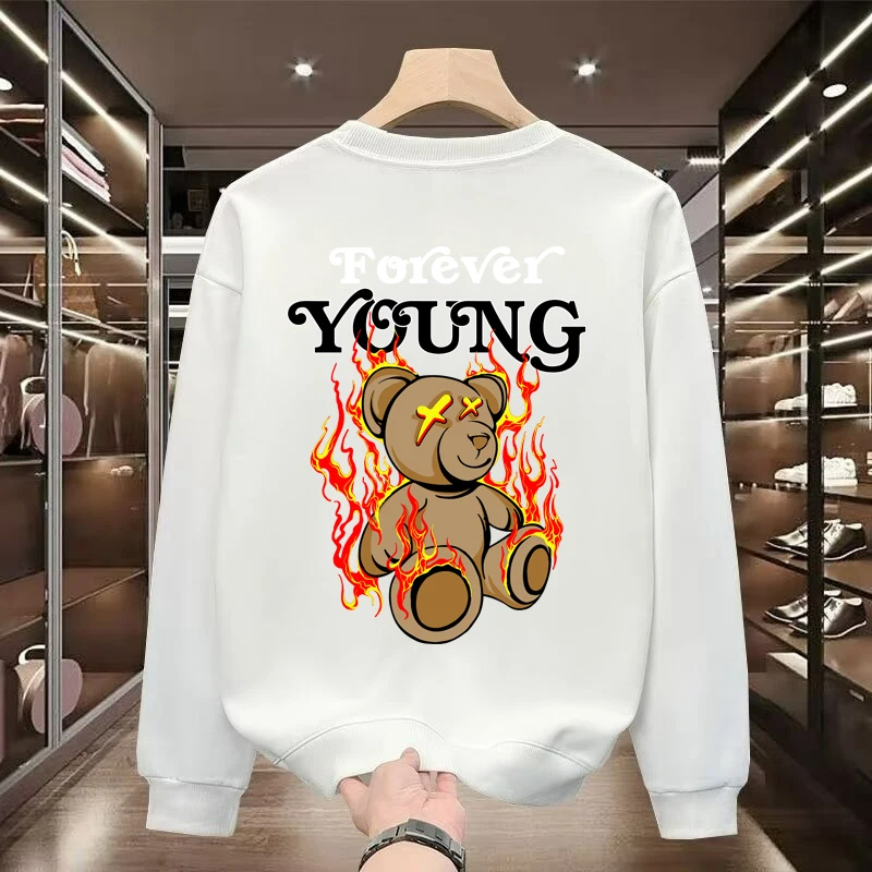 S-5XL Men Cartoon Sweatshirt Cool Bear Printed Oversized Top High Quality Black Long sleeves T Shirt O-neck Tees Men Clothing