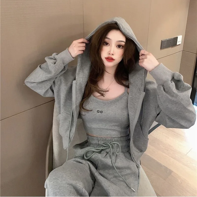 Fashionable Sportswear Set for Women Casual Running Outfit Three Pieces Sweatshirt Loose Style Korean Version Spring Autumn