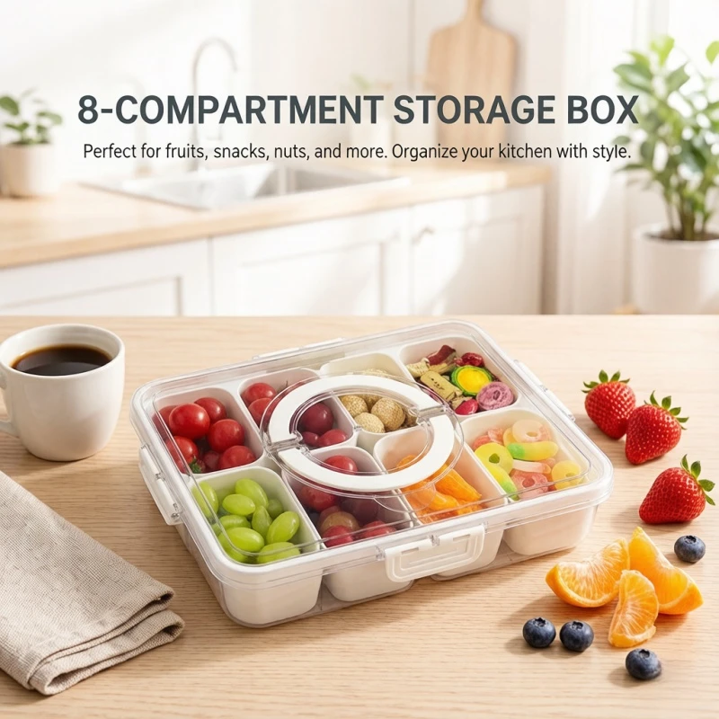 Stocking Stuffers Divided Serving Snack Spinner Tray with Lid & Handle, Portable Clear Snackle Box for Candy Fruit Nuts Veggie