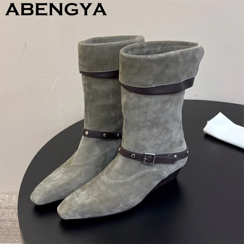 Trendy Model Slim Mid Calf Boots 2026 Winter Catwalk Shoes For Women's Real Leather Designer Low Heels Stretch Botas Femininas