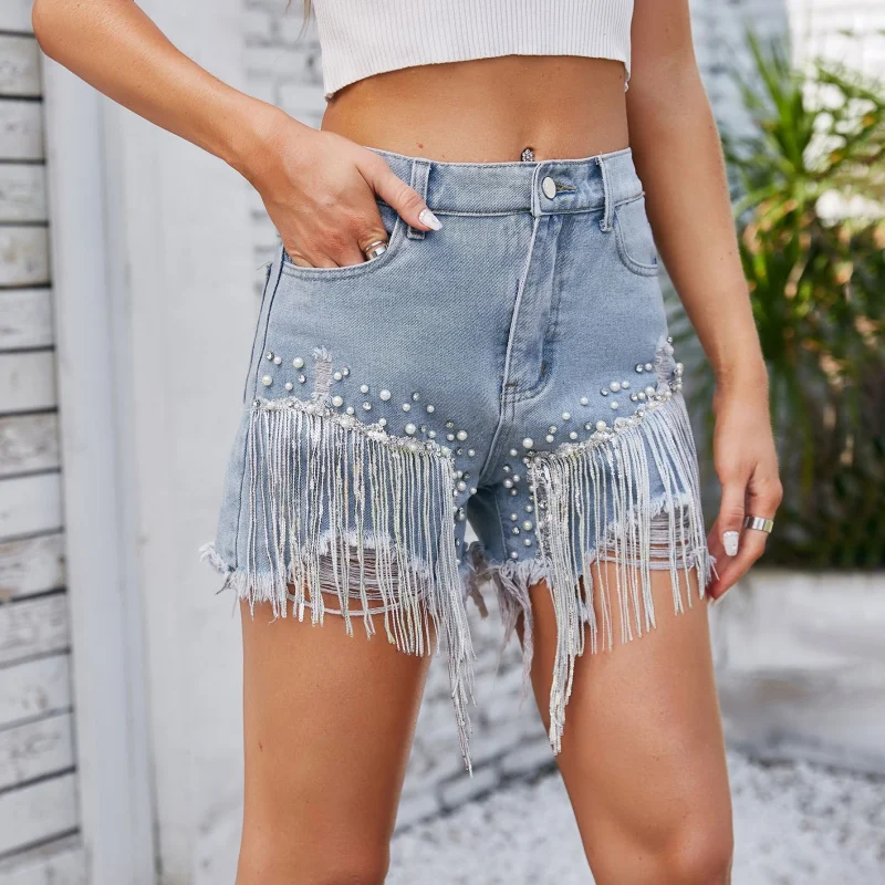 Summer New Washed Diamond Studded Nail Bead Denim Shorts Tassel Hot Pants Trendy Women's Clothing