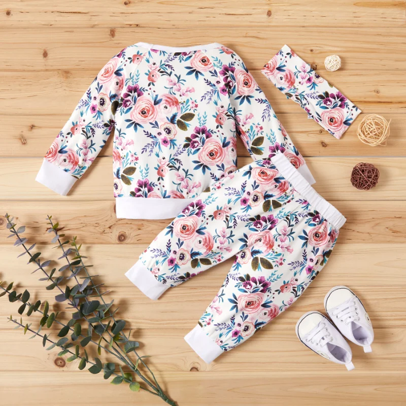 Newborn Infant Baby Girl Clothes Three-piece Fall Spring Outfit Flower Print Bow Headscarf Long Sleeve Tops Pants Clothing 6M-3Y