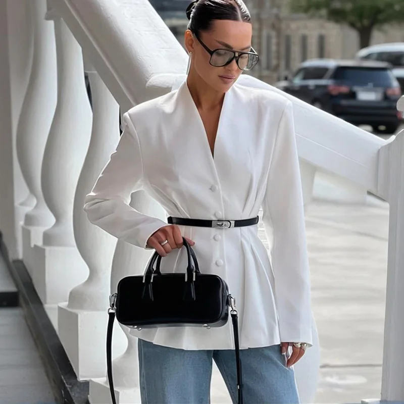 TARUXY Fashion Button Blazer Coat Women's V-Neck Long Sleeves Splicing Elegance Coat Cinched Waist Autumn Winter Commuting Coat