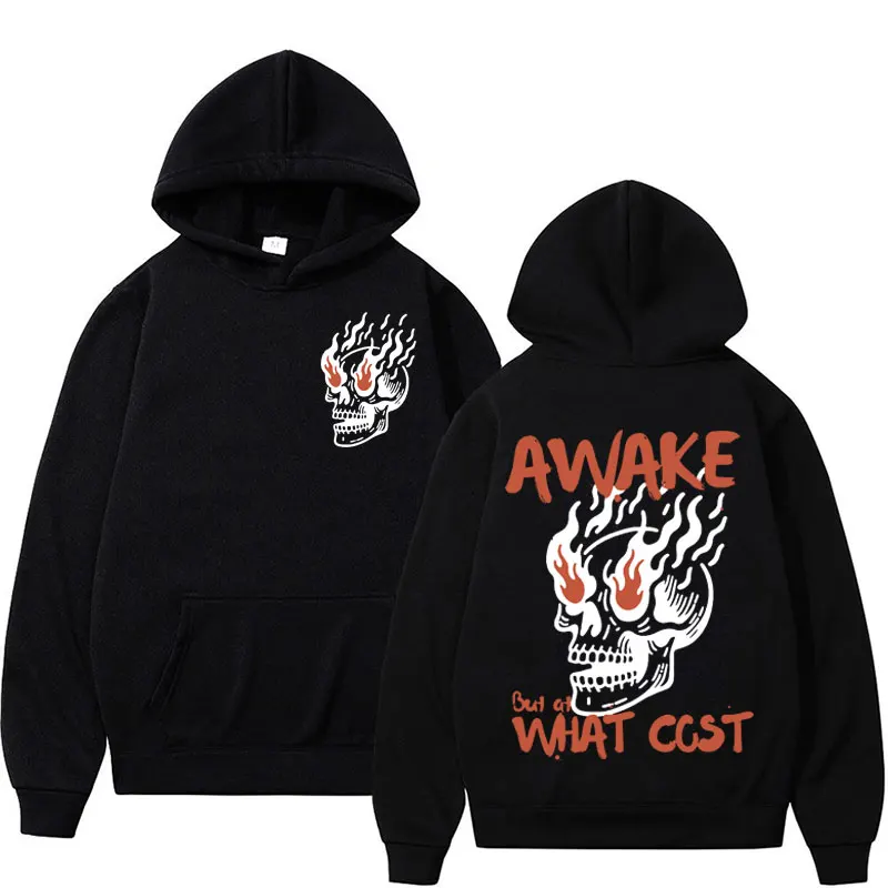 Awake At What Cost Skull Vintage Graphic Sweatshirt Men's Clothing Fashion Hip Hop Hoodies Unisex Casual Fleece Oversized Hooded