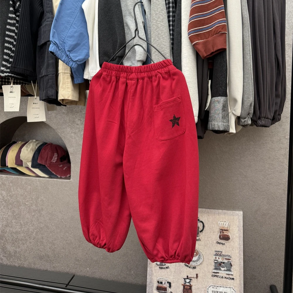 Boys Pants 2026 Autumn and Winter New Childrens Clothing Boys and Girls Bright Color Wool Ring Cotton Red Star Guard Pants