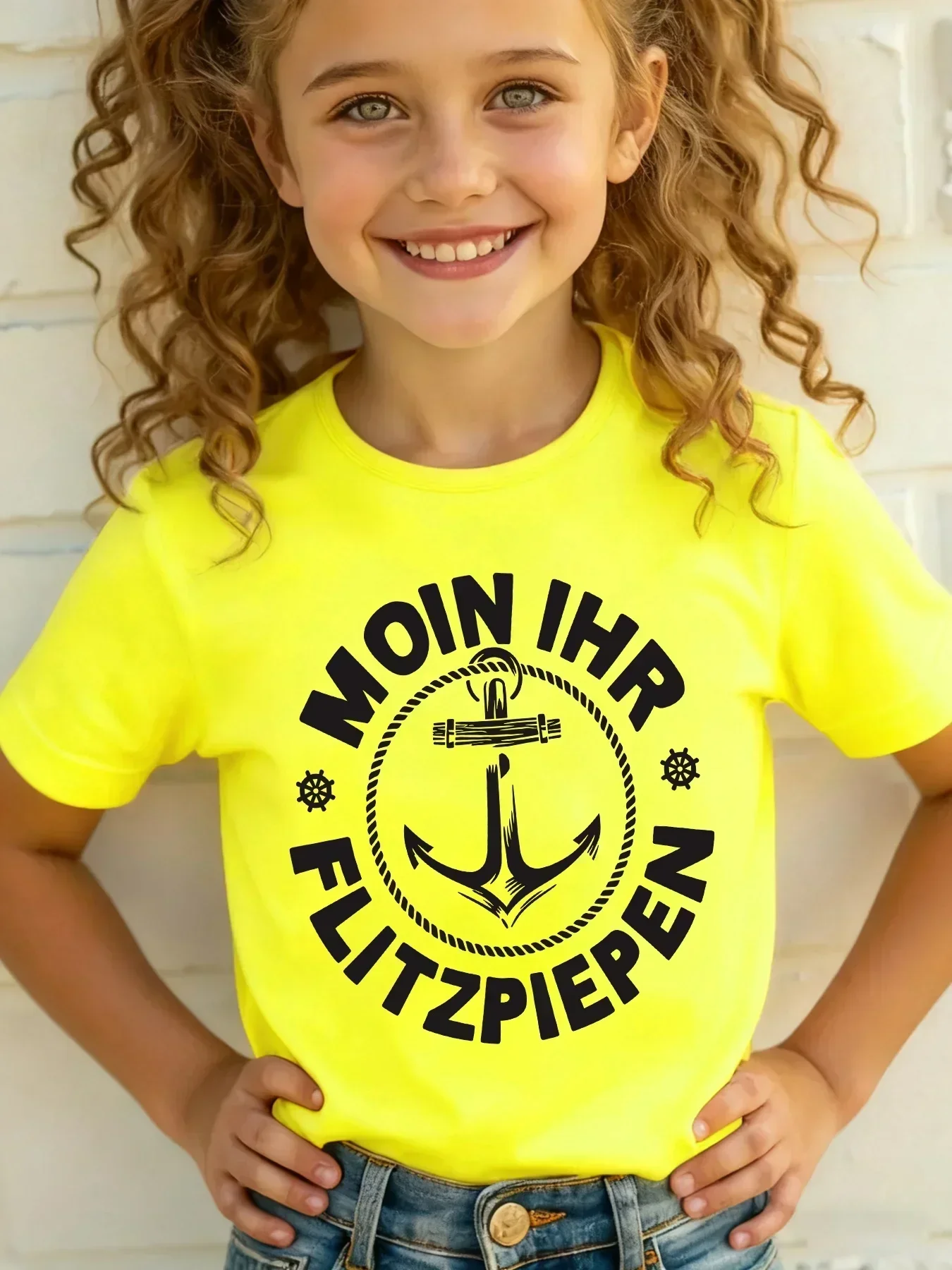 Kids Fashion White Short Sleeve T Shirt Funny German Text Anchor Marine Element Print Girls Summer Basic Versatile Tee