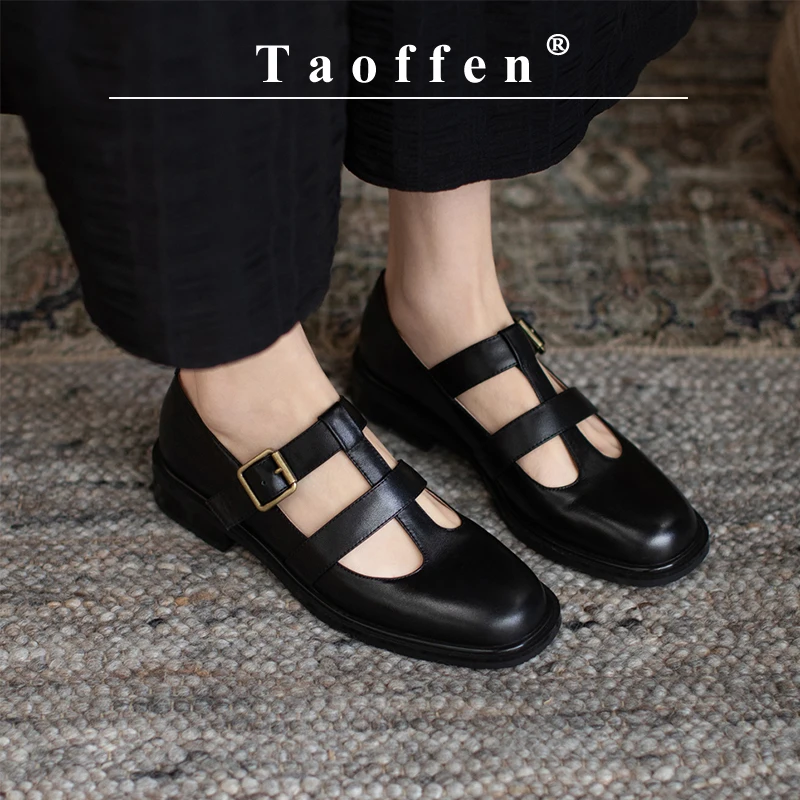 Taoffen Retro Loafers For Women Genuine Leather Square Heel Rome Pumps Casual Round Toe Spring/Autumn Buckle Strap Office Shoes