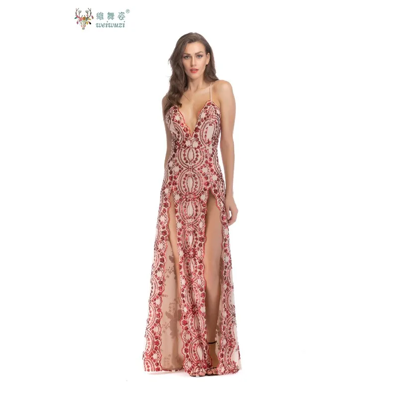 مثير وساحر حزام الكتف ضئيلة العميق الخامس الرقبة شبكة الترتر المطرزة ثوب مسائي عارية الذراعين عالية الشق الكرة ثوب مسائي