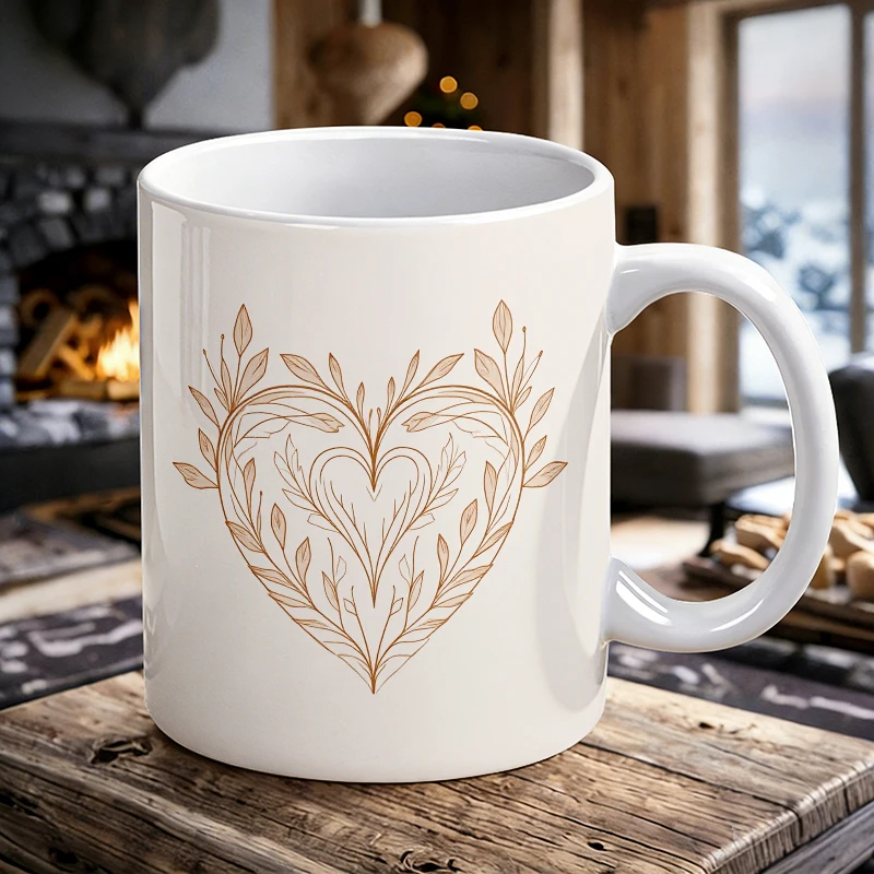 Minimalist Natural Branch and Leaf Heart Ceramic Cup with Handle, Creative Coffee Cup, Milk Cup, Office Tea Cup, Drinking Cup