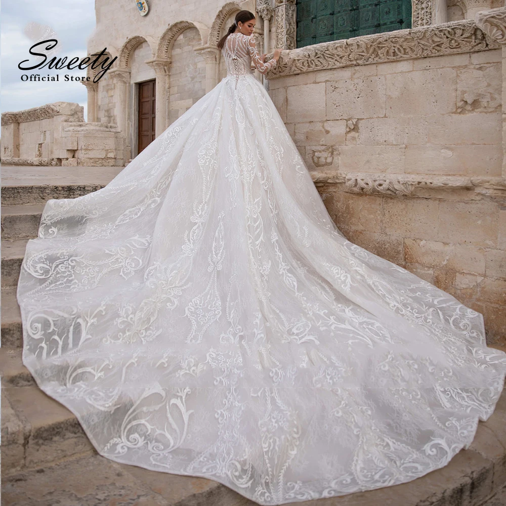 Luxury Wedding Dress Embroidered Lace On Net With Ball Gown Train V-Neck Full Sleeve ​Bridal Customized Lace Up Robes De MariéE