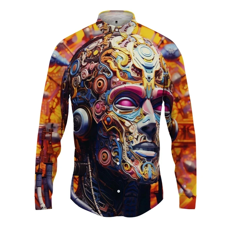 Mechanical Person 3D Printed Lapel Men Shirt MenWomen Casual Fashion Long Sleeves Shirts Button Tops Oversized Unisex Clothing