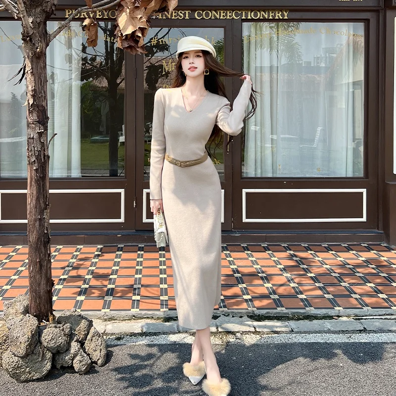 Faionable محبوك طويل Dr V-Ne التخسيس Bodycon التفاف حول تصميم الخريف الشتاء المرأة ملابس داخلية عالية الخصر Sle