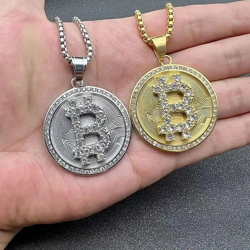 Hip Hop Bling Iced Out Stainless Steel Bitcoin Round Pendants Necklaces for Men Rapper Jewelry Gift