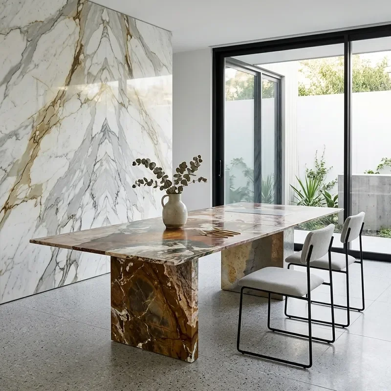 Marble Rectangular Dining Table with LED Light Strip Modern Home Office Desk Tea Table Integrated Furniture for Living Room