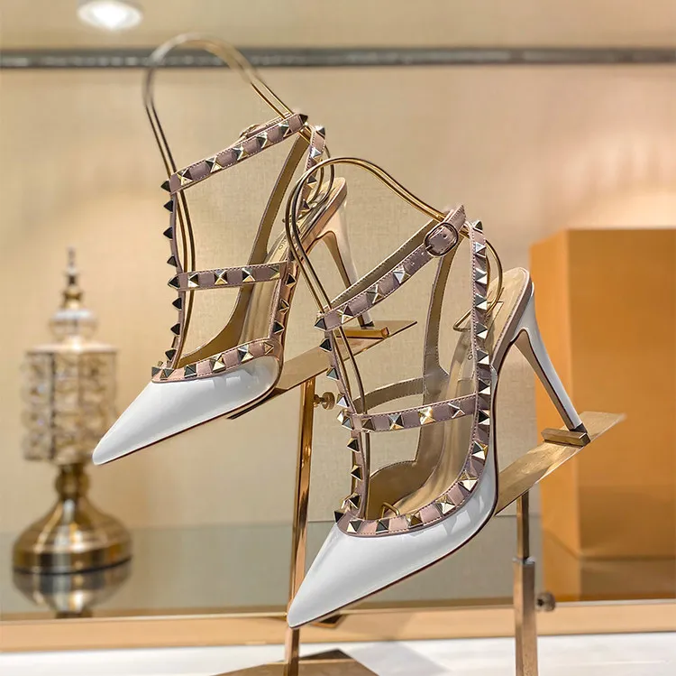 Women Gladiator Heeled Sandals Summer Luxury Brand Ankle Strap Fashion Designer Slingbacks Rivets High Heels Ladies Shoes Women