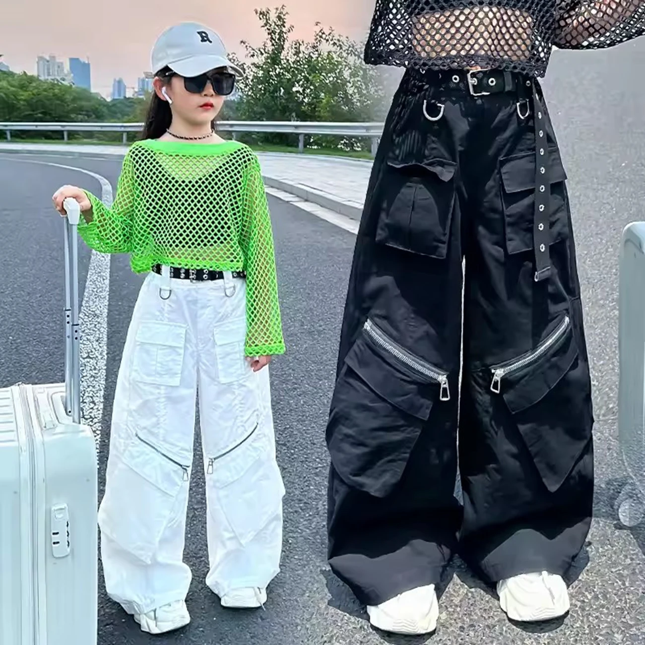 

Retro Tweens Girls Loose Cargo Pants Zipper Streetwear Baggy Teens Child Hiphop Straight Trousers Multi-pocket Kids