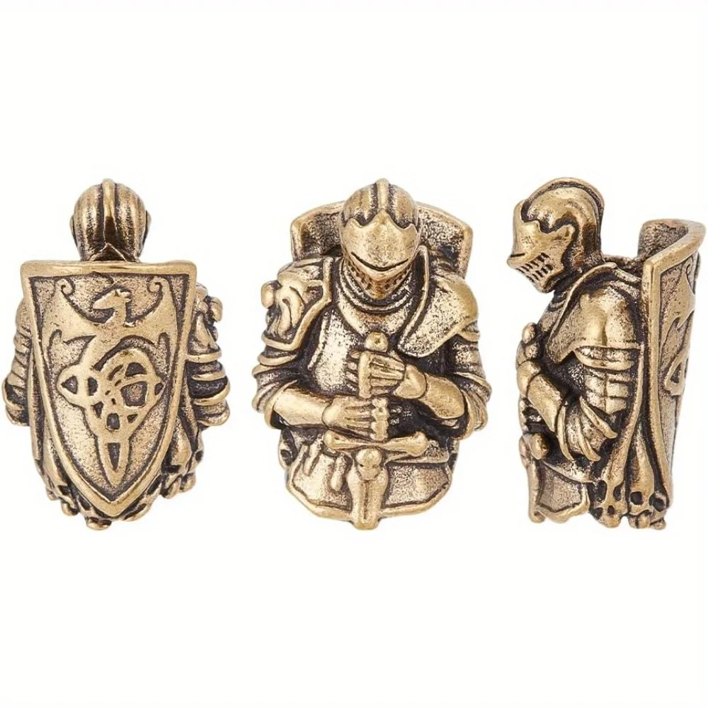 3Pcs Knight Lanyard Beads EDC Charm Beads Brass European Spacers Antique Bronze Large Hole for Knife EDC Tools Tactical
