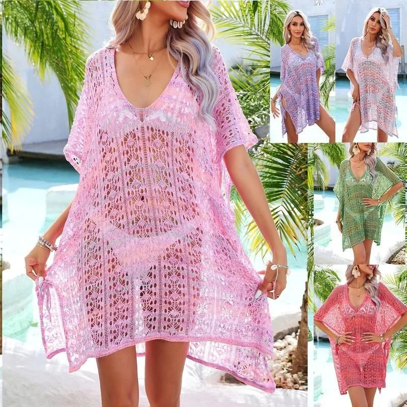 

Swimwear Beach Hollow out Knitted Cover up Bikini Women's Loose Fit Long Sve Five Button Sve Casual Entertainment