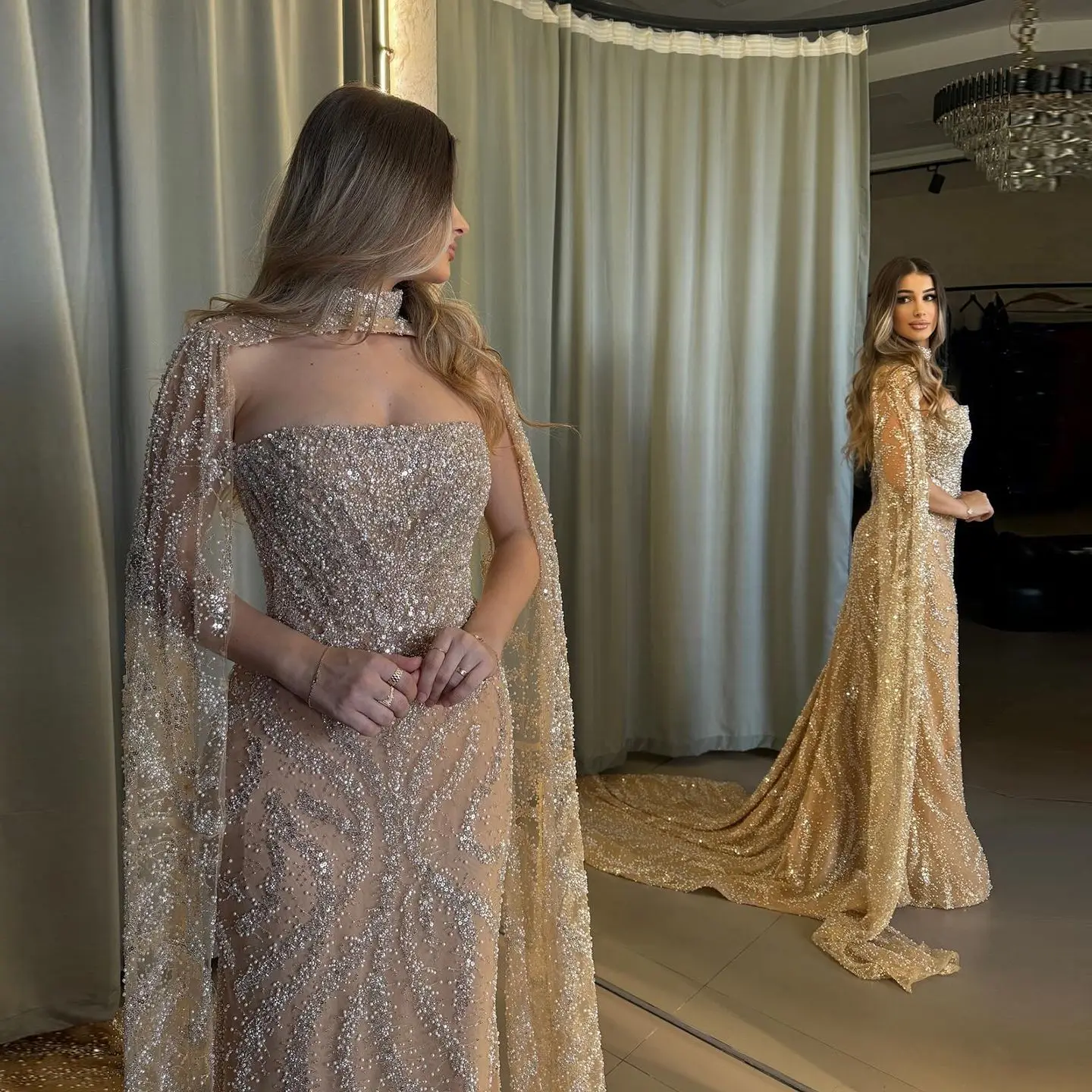 

2026 Luxury Champagne Beaded Mermaid Evening Dress with Flowing Cape Sleeves Formal Cocktail Prom Vestidos Arabic Customized