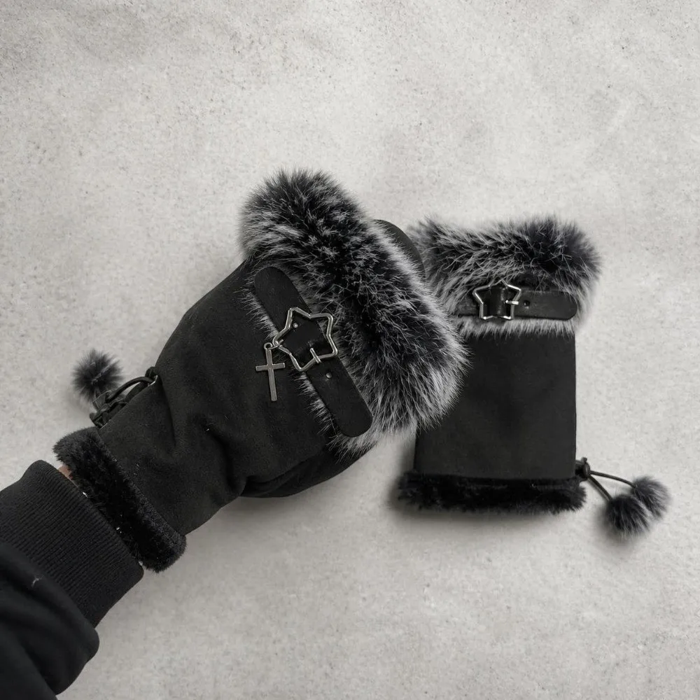 Faux Fur Lining Fingerless Gloves Leopard Print Windproof Half Finger Gloves Suede Winter Warm Y2K Mittens Christmas Gift