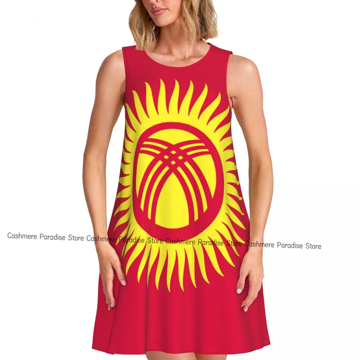 Sukienki damskie 2025 z flagą Kirgistanu, okrągły dekolt, bez rękawów, długa sukienka