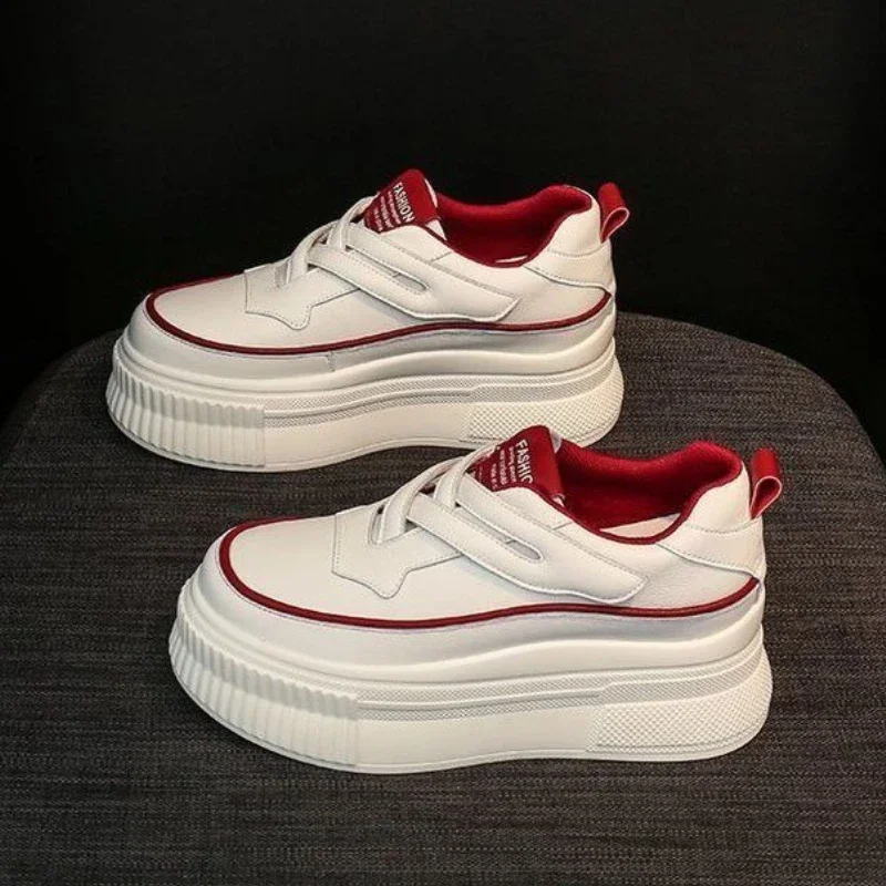 

2025 Top Seller Women's White Casual Flat Shoes Korean Style Platform Bottom Hidden Heel Lift Non Slip Durable Velcro Closure