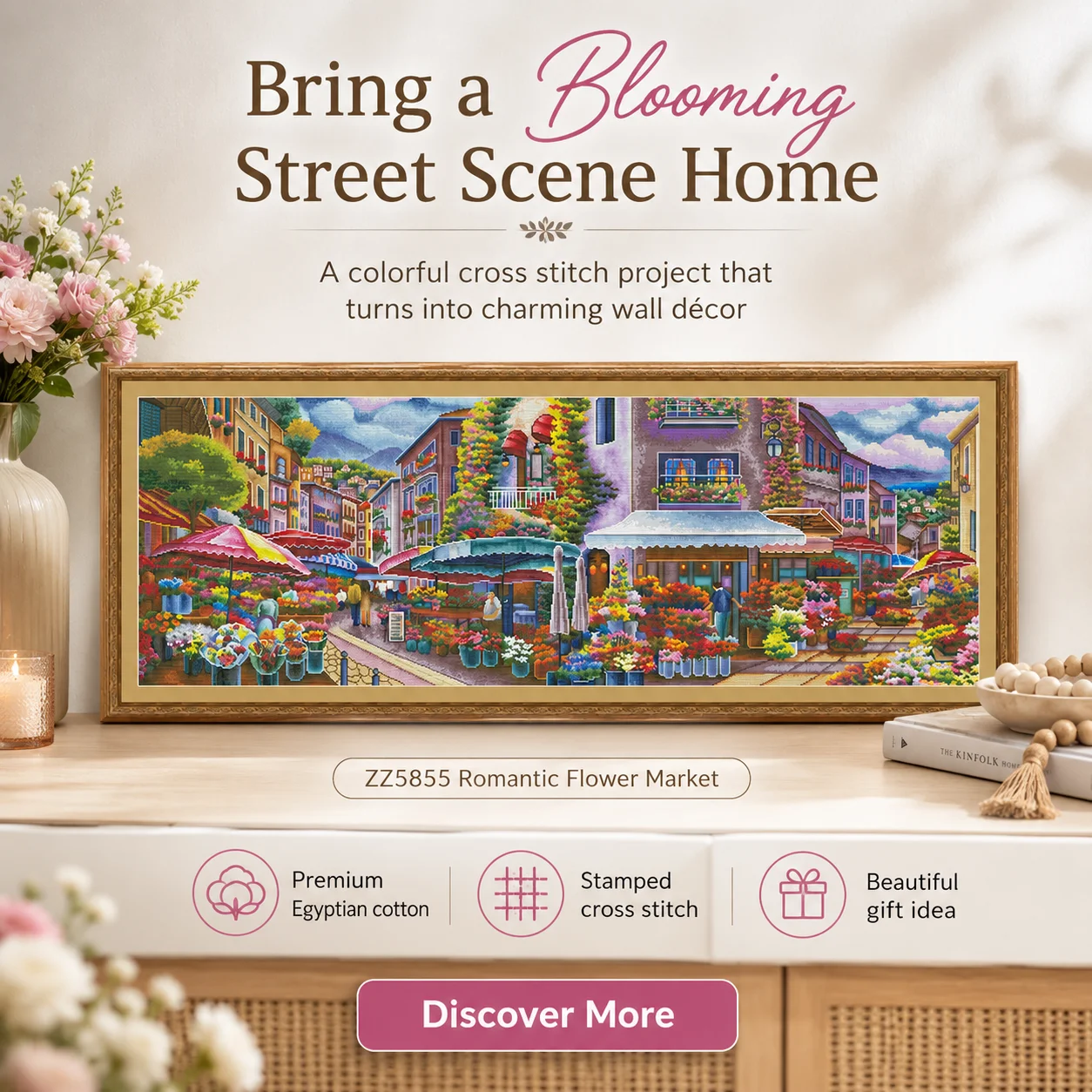 ZZ5855-Romantic Flower Market 11CT 14CT 16CT DIY Stamped Cross Stitch Kit with Printed Canvas and Cotton Threads Embroidery view 2