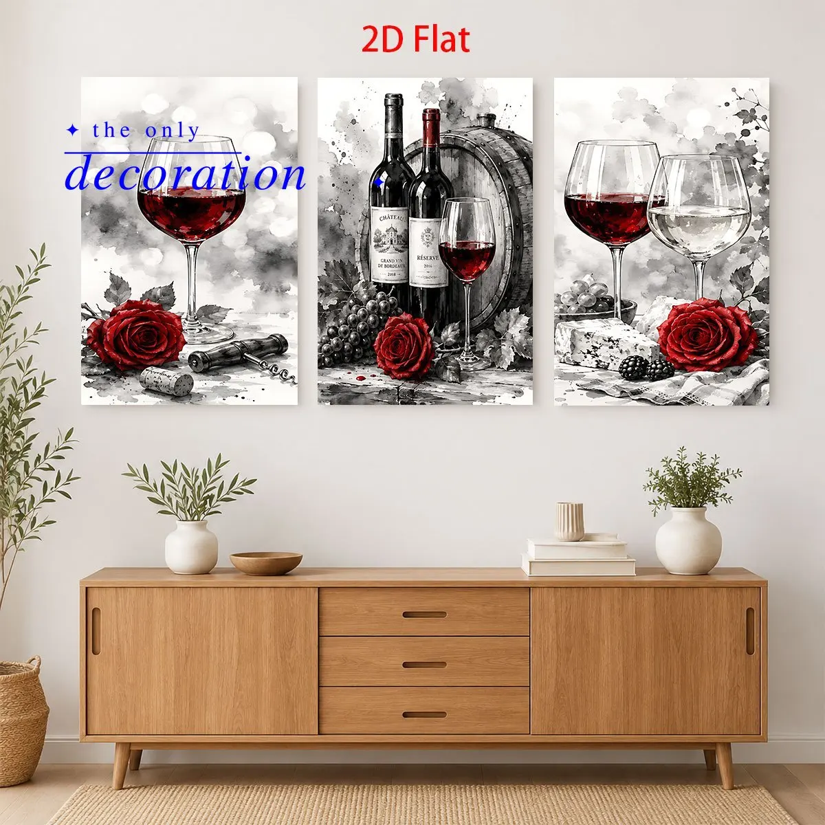 3PCS 2D Flat- Three 2D flat wine-themed paintings with red roses and glassware. themed canvas wall art print - room decor, su