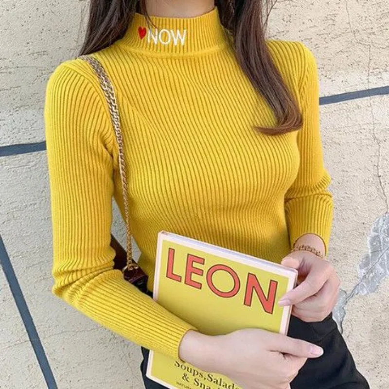 Ladies Pullovers Slim Fit Turtleneck Yellow Embroidered Women's Knit Sweater Fall Original Offers Korean Style New Knitwear Warm