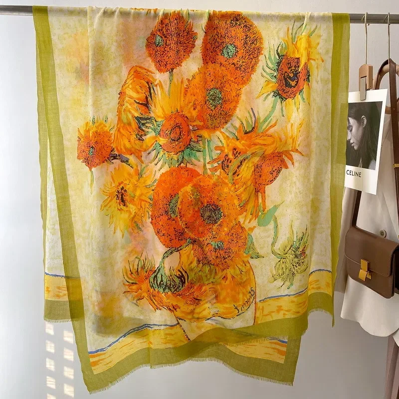 

High-end Elegant Women Exquisite Oil Painting Sunflower Print Quality Water Soluble Wool Handmade Fringe Side Long Shawl Shawl