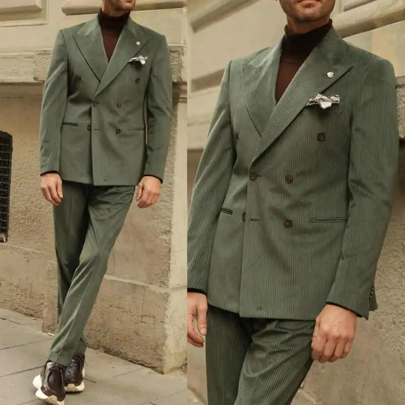 

Handsome Customized Men Suits 2 Pieces Peaked Lapel Double Breasted Jacket Sets Autumn Winter Plus Size Outdoor Jacket