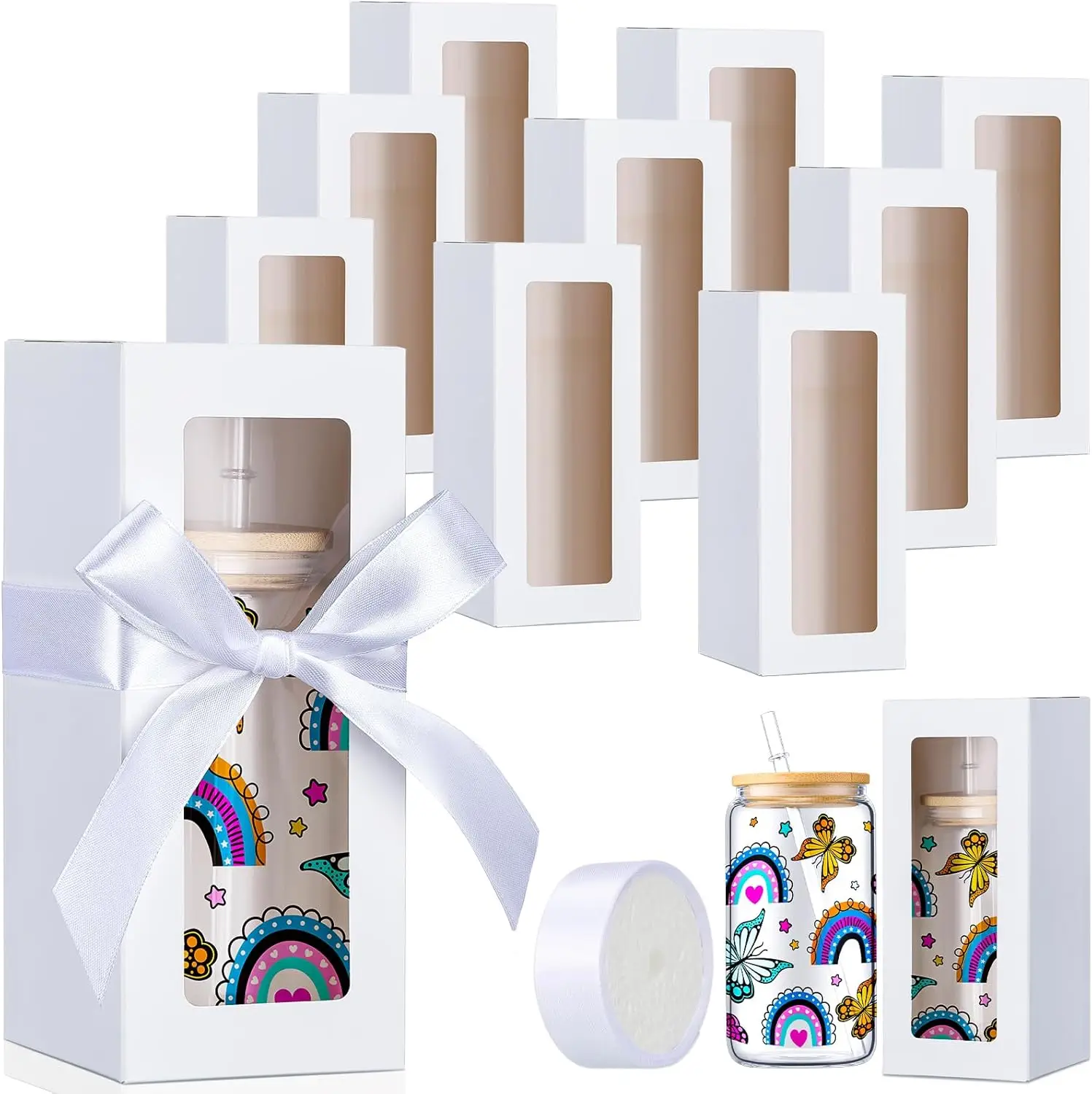 

24 Pcs Tumbler Gift Box with Ribbon for Sublimation Glass, Clear Window Boxes for 12oz 16oz 20oz Cups