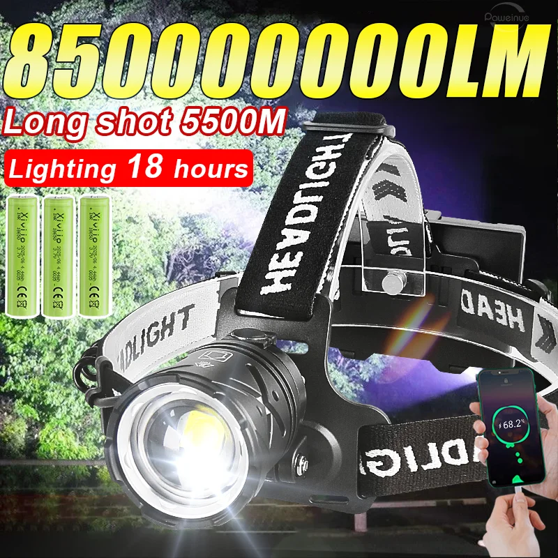 850000000 Most Powerful Headlamp 18650 Rechargeable Fishing Head Lantern High Power LED Head Flashlight Professional Front Light