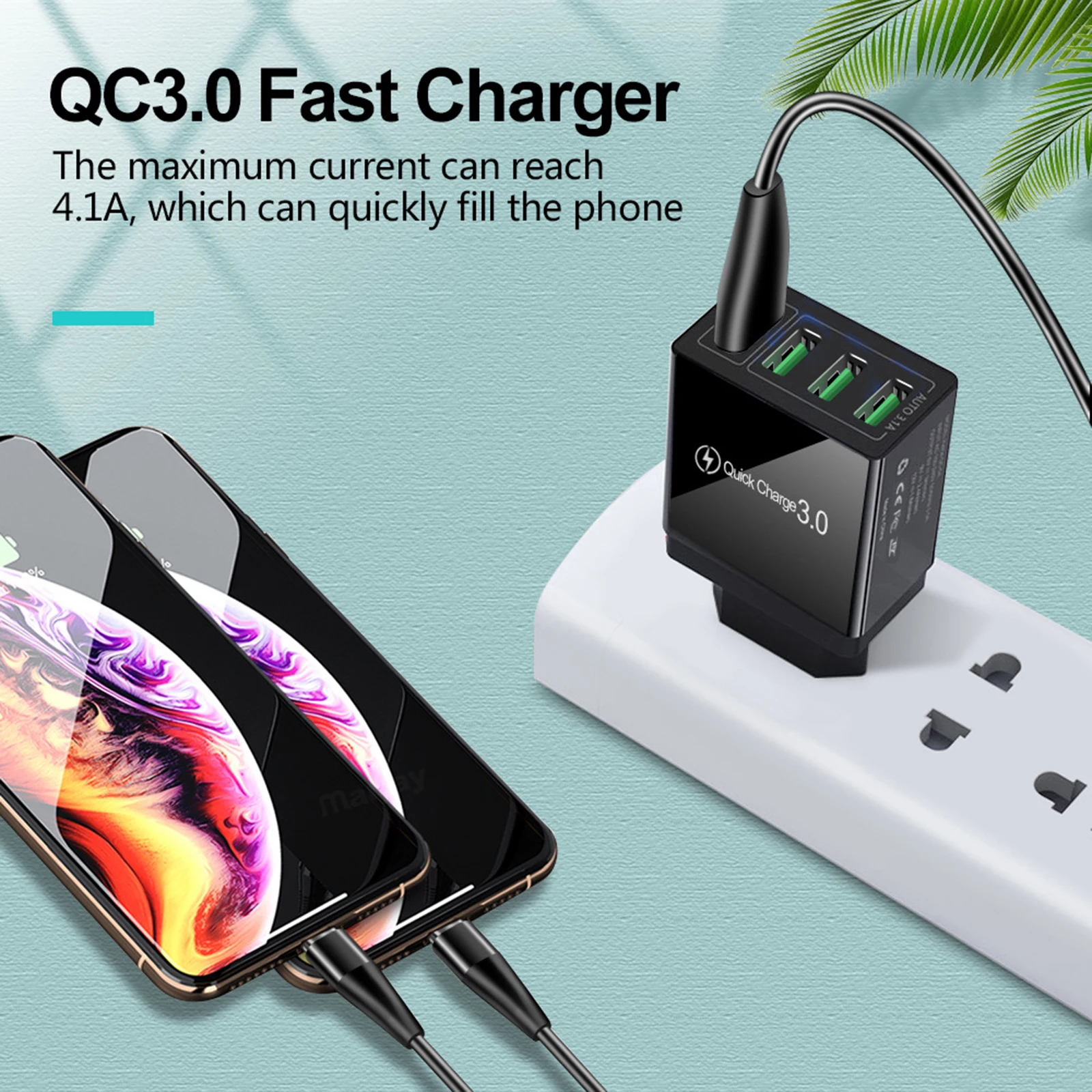 4-Port Fast Charger Quick Charge 3.0 Fast Charging Block Phone Charger Adapter for Multiple Devices