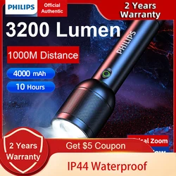 Philips 3200 lumen LED torcia 1000m portatile potente torcia luminosa lampada da campeggio per escursionismo all'aperto autodifesa