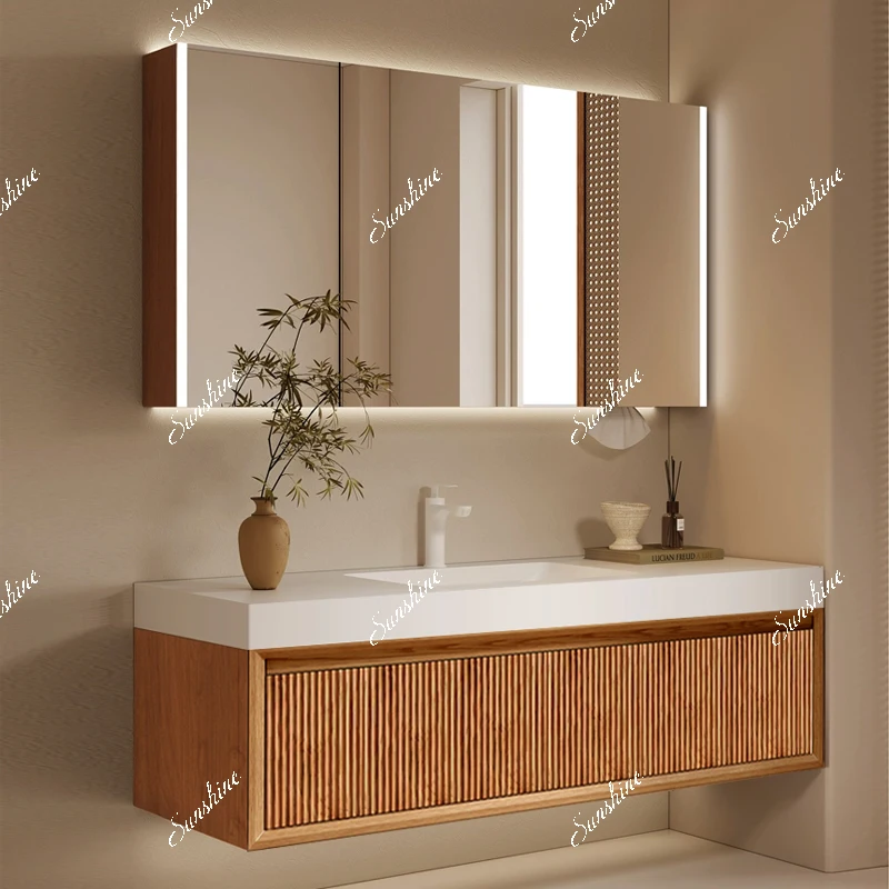Log wind bathroom counter basin integrated sink baking paint solid wood bathroom combination