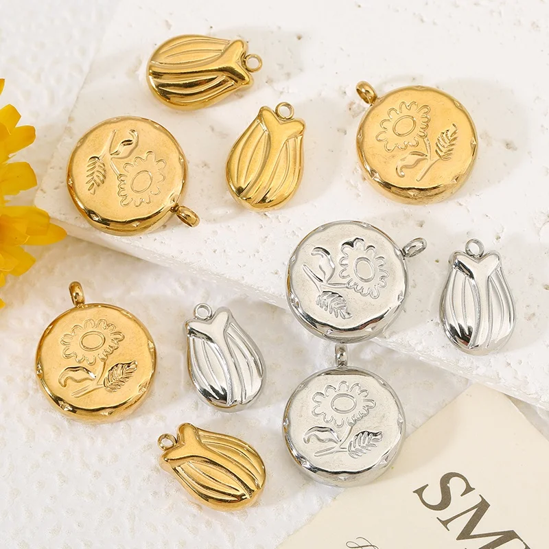 

5pcs Stainless Steel Tulip Flower Bud Sunflower Charms Solid Circle Flower Pendants for Necklace DIY Jewelry Making Supplies
