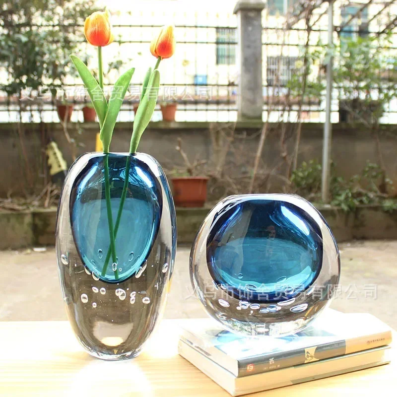 

Blue Transparent Crystal Glass Vase Thick Glass Hydroponics Terrarium Flower Arrangement Accessories Home Decoration Flower Pot