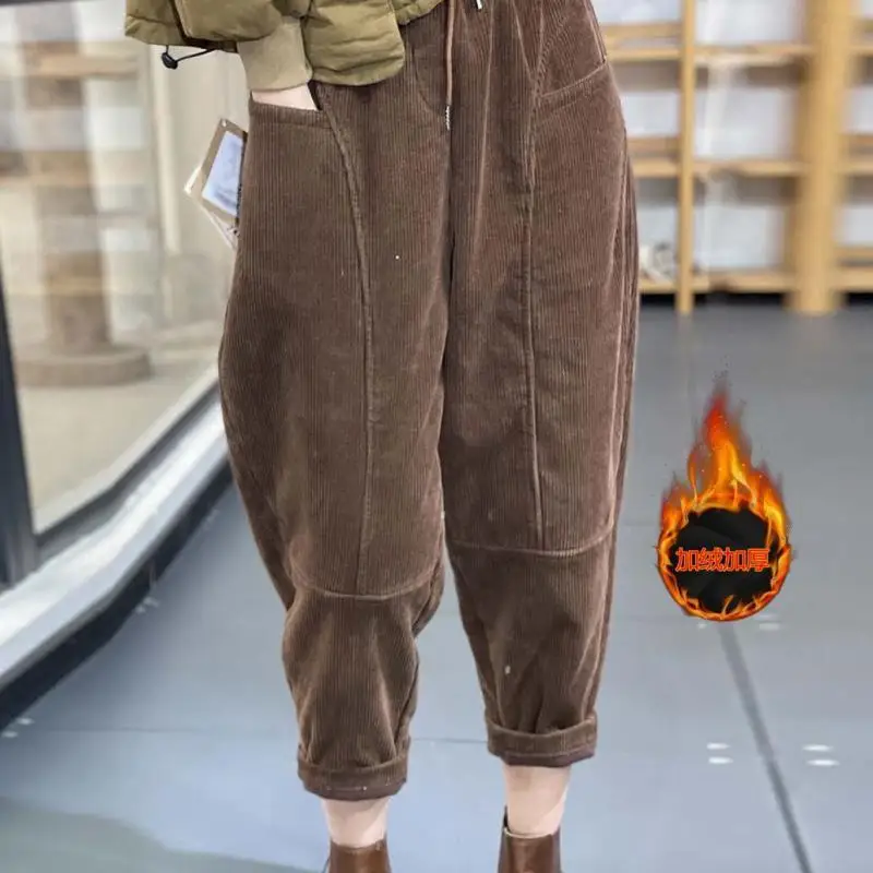 Women Vintage Corduroy Loose Velvet Thick Warm Harem Pants Y2K Female Casual Streetwear Baggy Trousers Autumn Winter Pantalones