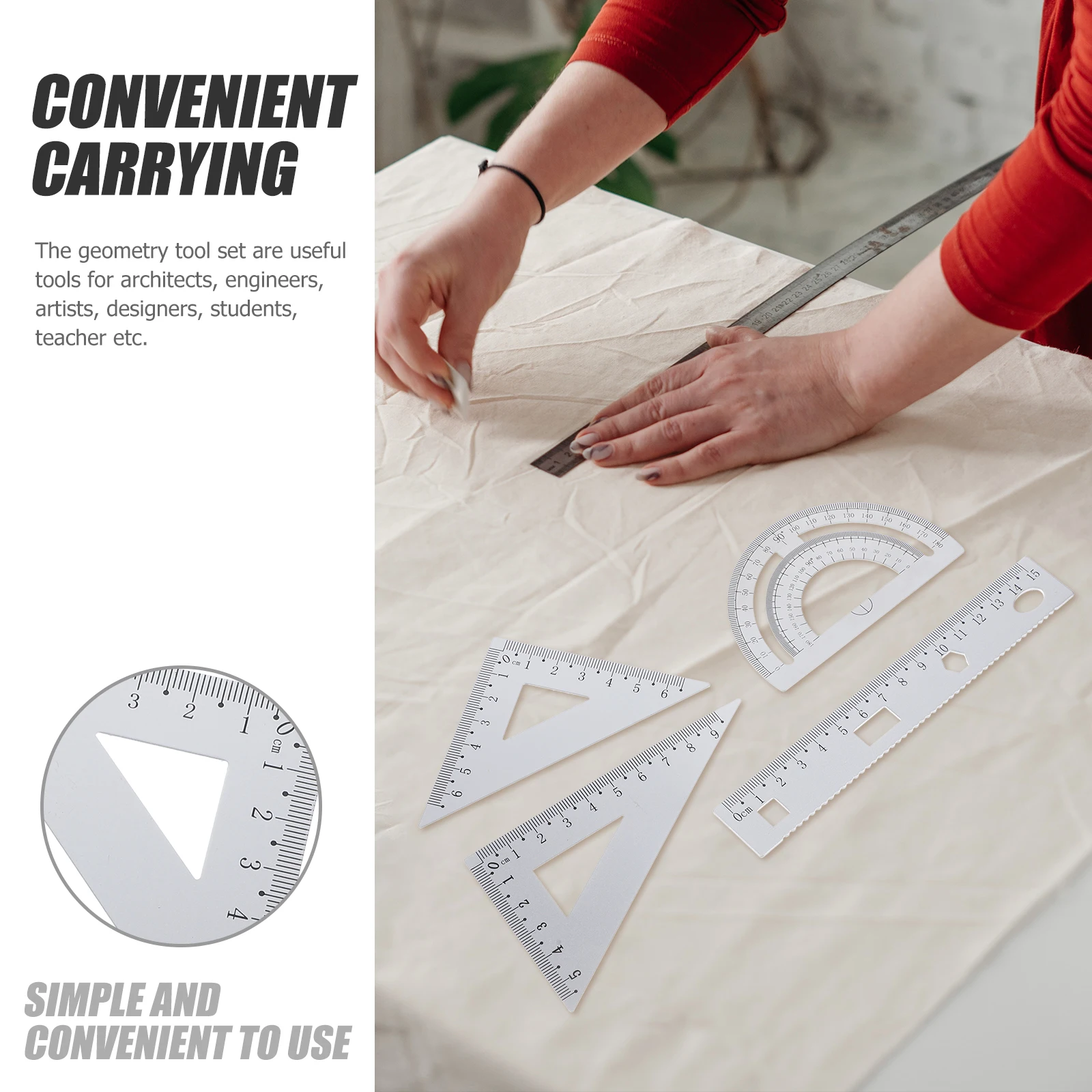 Metal Ruler Set Protractor Triangle Plate Semicircle Ruler School Use Portable Long Lasting Geometry Tools Stationery Set