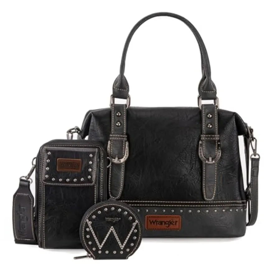 Conjunto de 3 Peças de Bolsas Femininas Wrangler: Bolsa de Mão com Alça Superior, Bolsa para Celular e Porta-Moedas em Poliéster Durável Preto