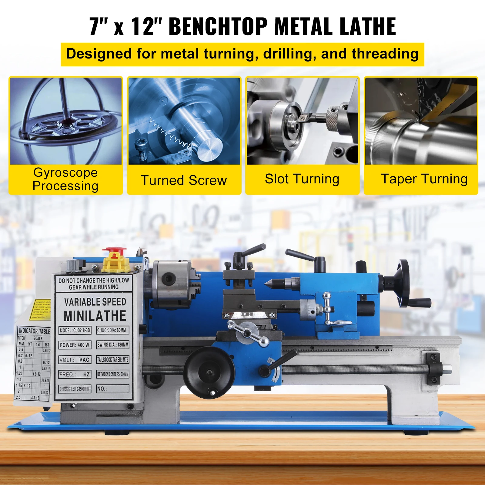 VEVOR Metal Lathe 7x12 In, Precision Metal Lathe 2250RPM 400W Variable Speed, Mini Lathe Precision Bench Top Metal Working Lathe