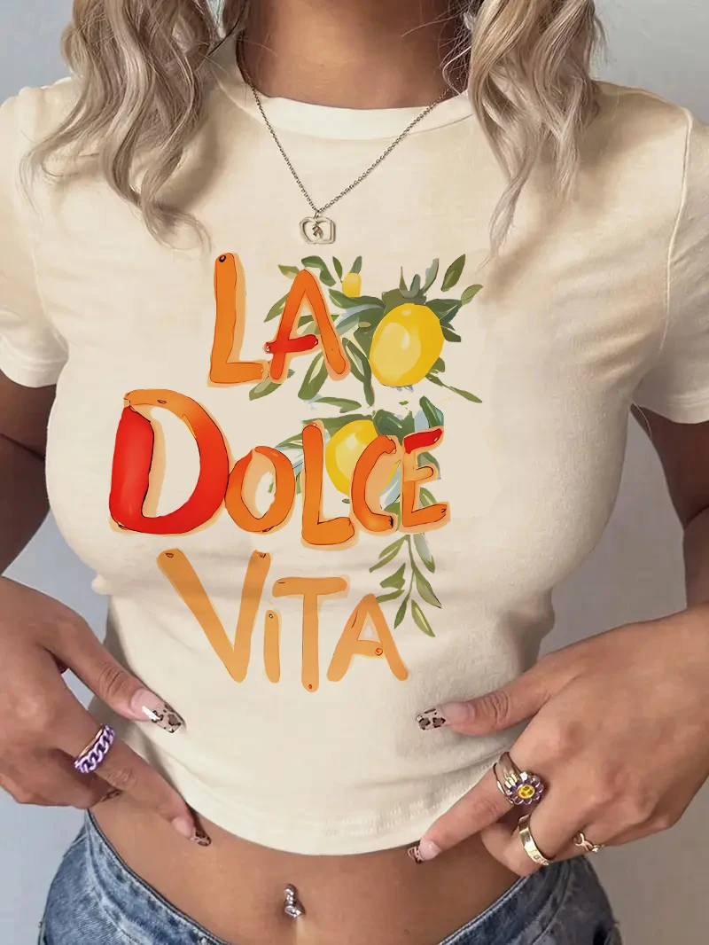 La Dolce Vita Lemon Print Cropped Girls Crop Top T Shirt Women's Print Shirt T-shirt Sexy
