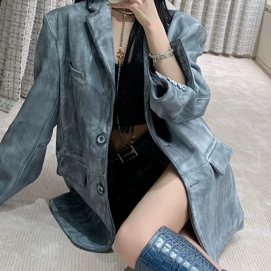 2024 New Genuine Leather Jacket Fashion Blue Wipe Color Women Loose Full Sleeve Lapel Collar First Layer Sheepskin Blazer Jacket