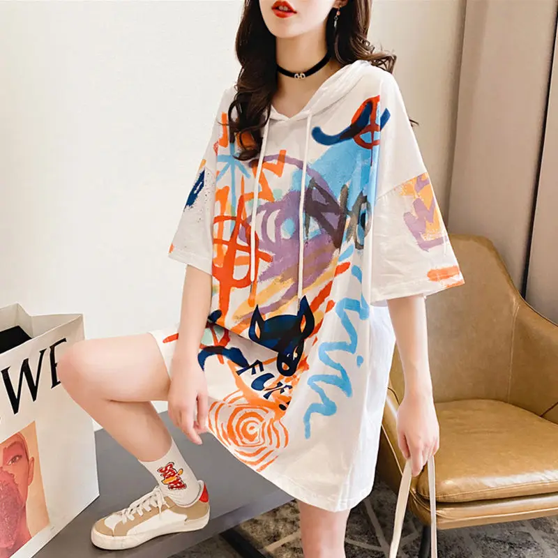 Korean Printed Loose Hooded T-shirt Female Casual Streetwear Midi Half Sleeve Pullovers Tops Summer Fashion Women\'s Clothing