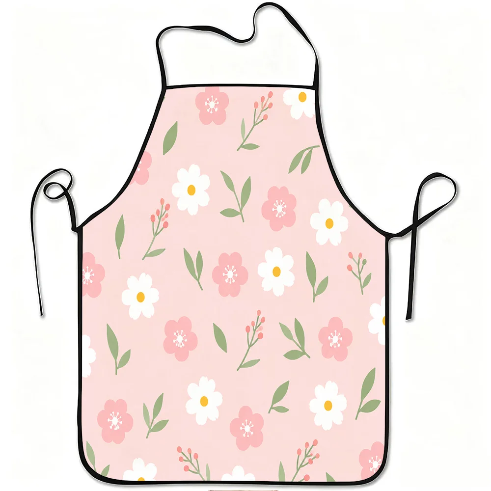 1pc Pink Floral Pattern Print Apron, Durable And Easy to Clean, Adjustable Waistband, Polyester Material, for Kitchen Cooking, G