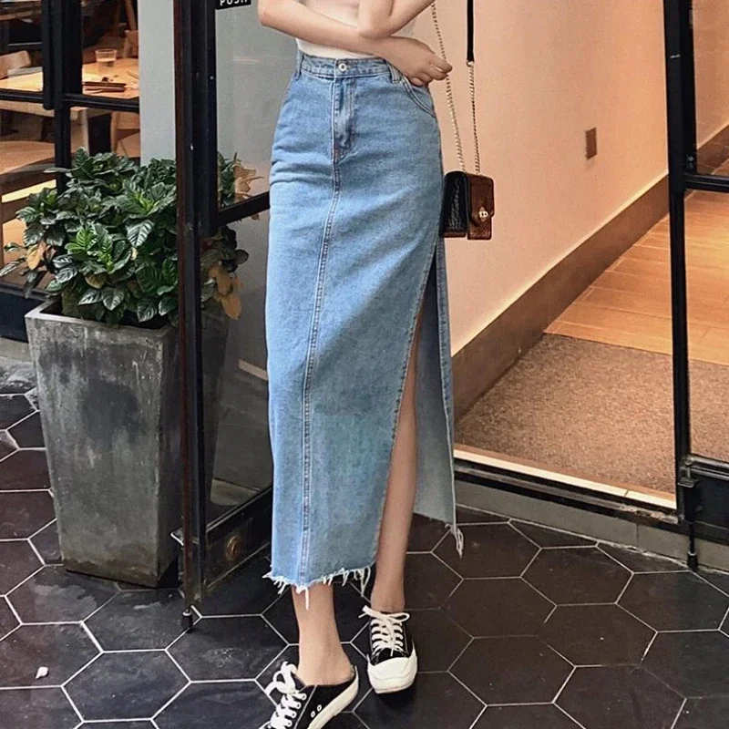 REALEFT 2025 Summer New Denim Skirts for Women Vintage High Waist Side Split Casual Long Pencil Solid Women's Skirts Female
