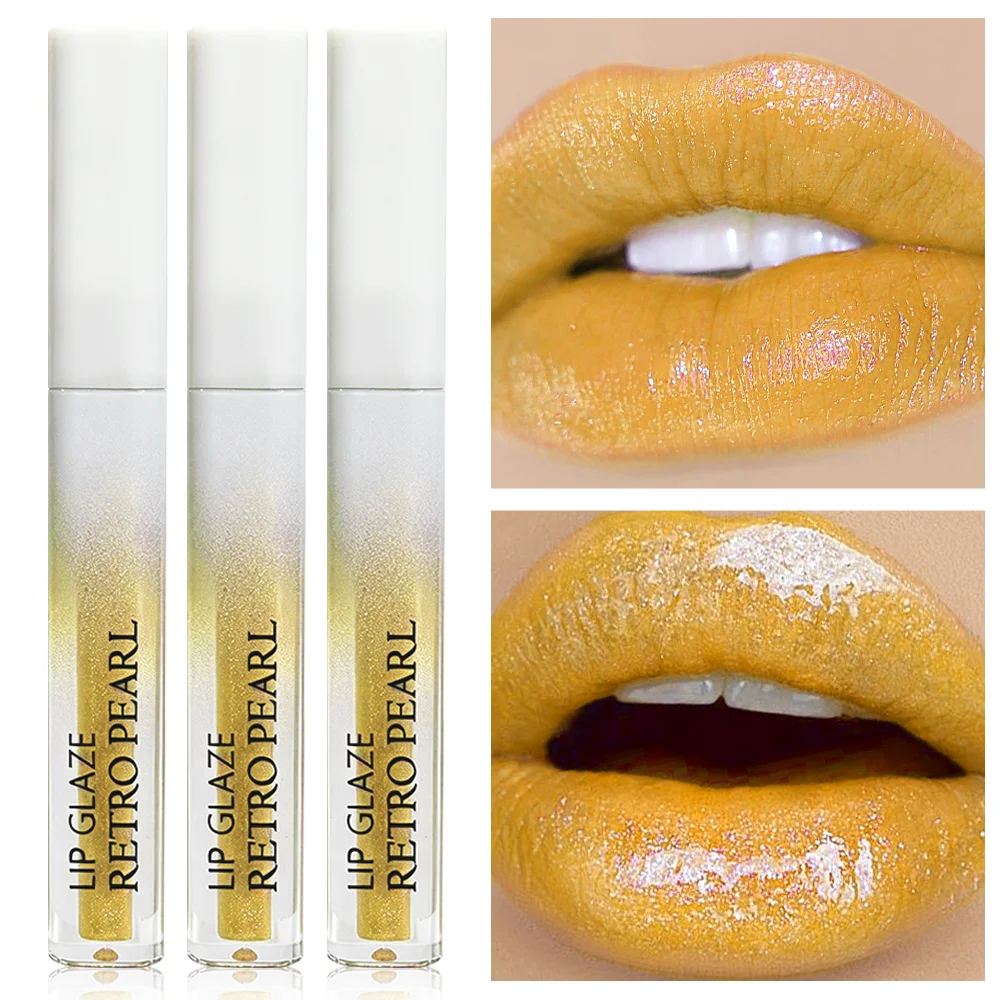 3PCS Golden Yellow Lip Glaze Metallic Pearl Shimmer Lip Gloss Glossy Sparkle Liquid Lip Makeup for Women