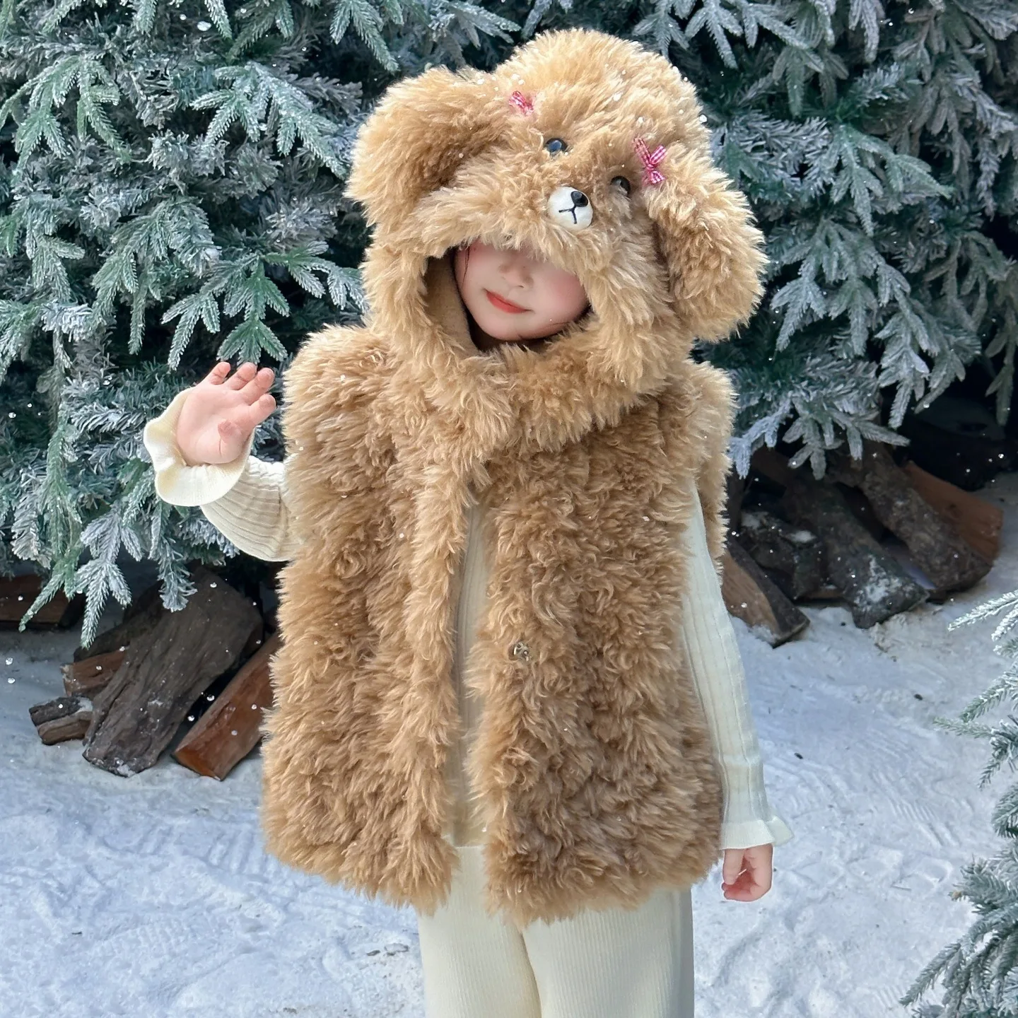 Girl Waistcoat 2025 Autumn and Winter New Children's Clothing Korean Style Girl Baby Imitation Lamb Plush Hoodie Woolly Coat